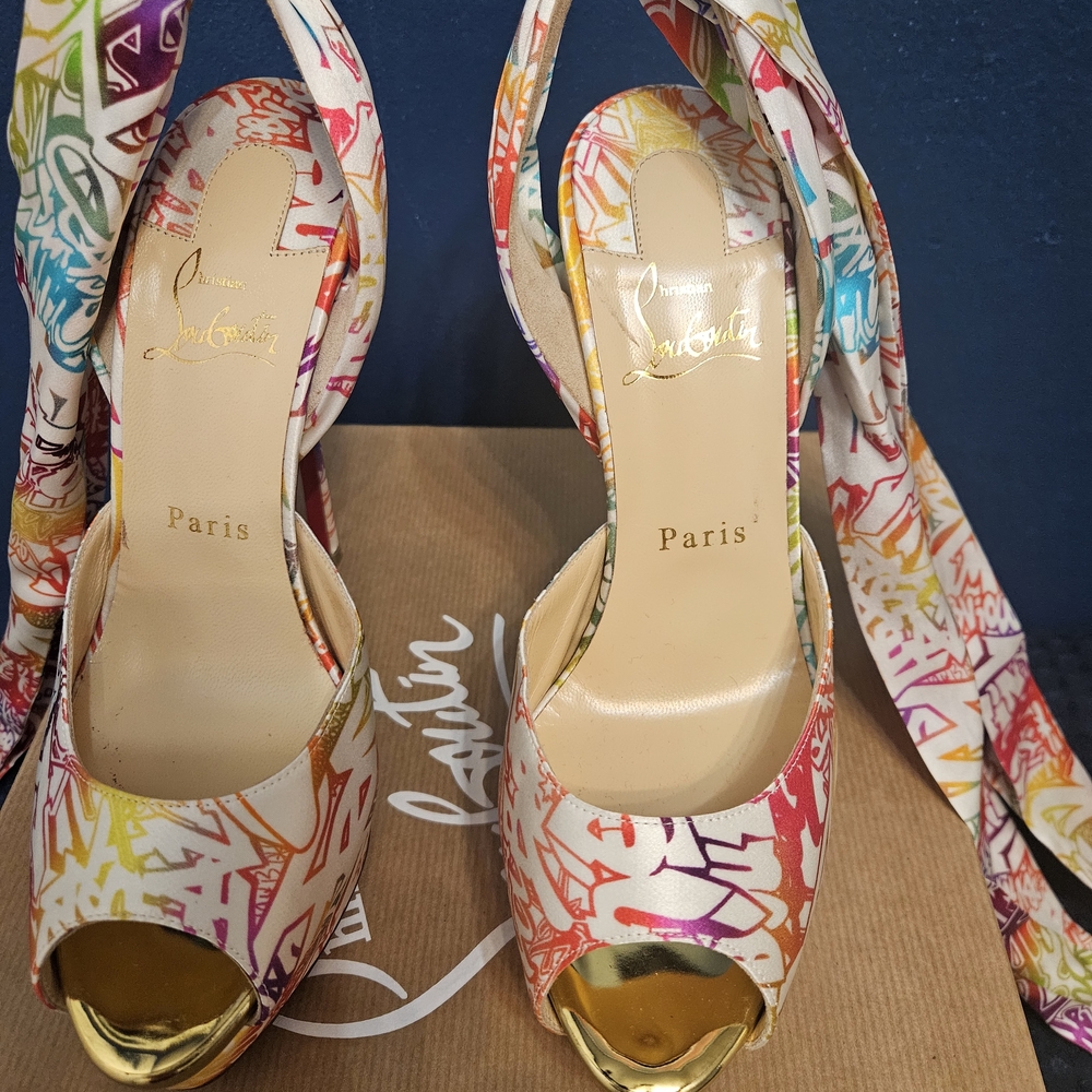 Christian Louboutin Multicolor Graffiti Peep-Toe Tie Heels with Gold Cap Toe